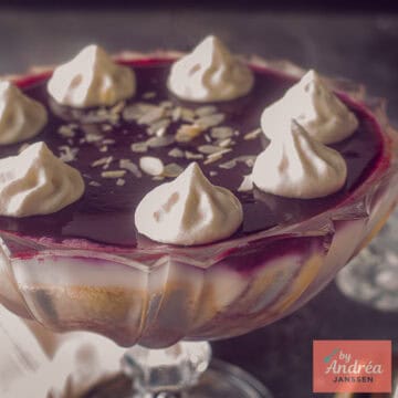 Een vierkante foto van een schaal gevuld met custard, cake, rood fruit gelei en sherry.