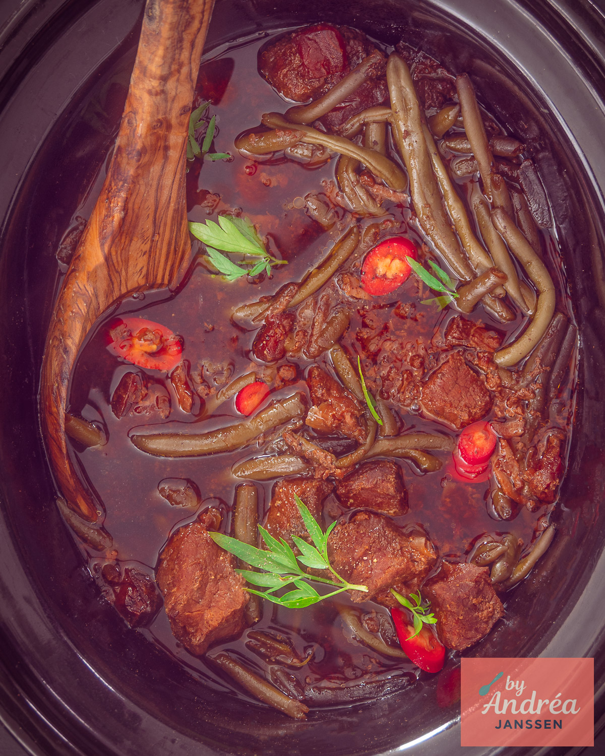 Surinaams stoofvlees met sperziebonen, saus en verse koriander